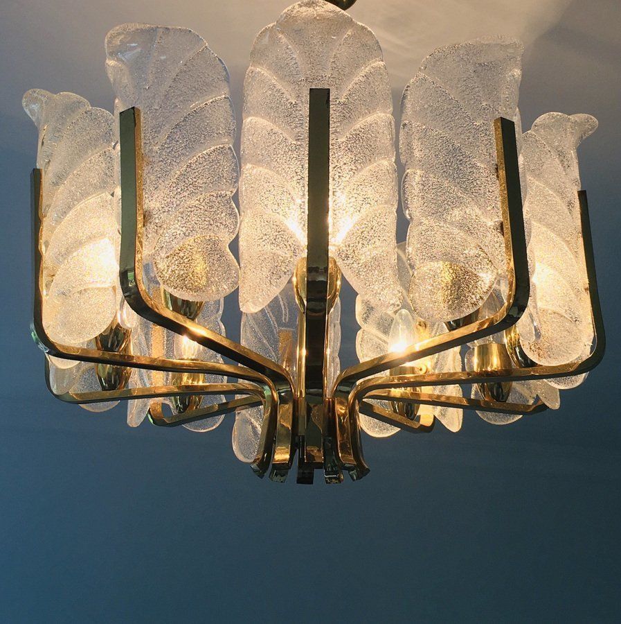 photo furniture Scandinavian Brass Chandelier With 10 Glass Leaves By Carl Fagerlund For Orrefors, Sweden, 1960s