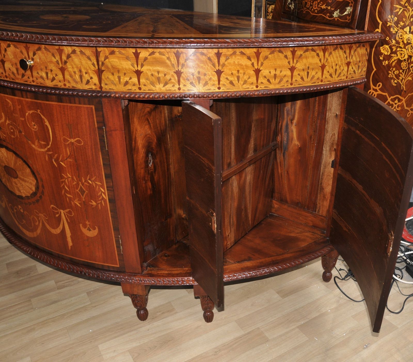 photo for sale Pair Regency Inlaid Commodes Demi Lune Cabinets Marquetry Inlay
