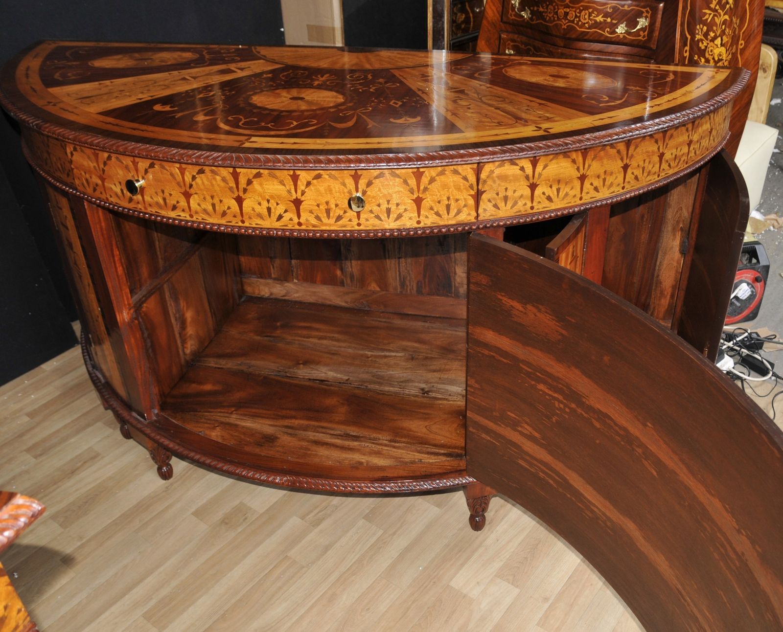 Furniture Pair Regency Inlaid Commodes Demi Lune Cabinets Marquetry Inlay photo