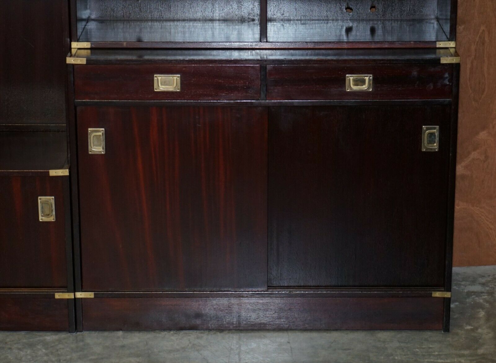 Three Vintage Mahogany Finish Military Campaign Bookcases Used For Media Storage photo buy
