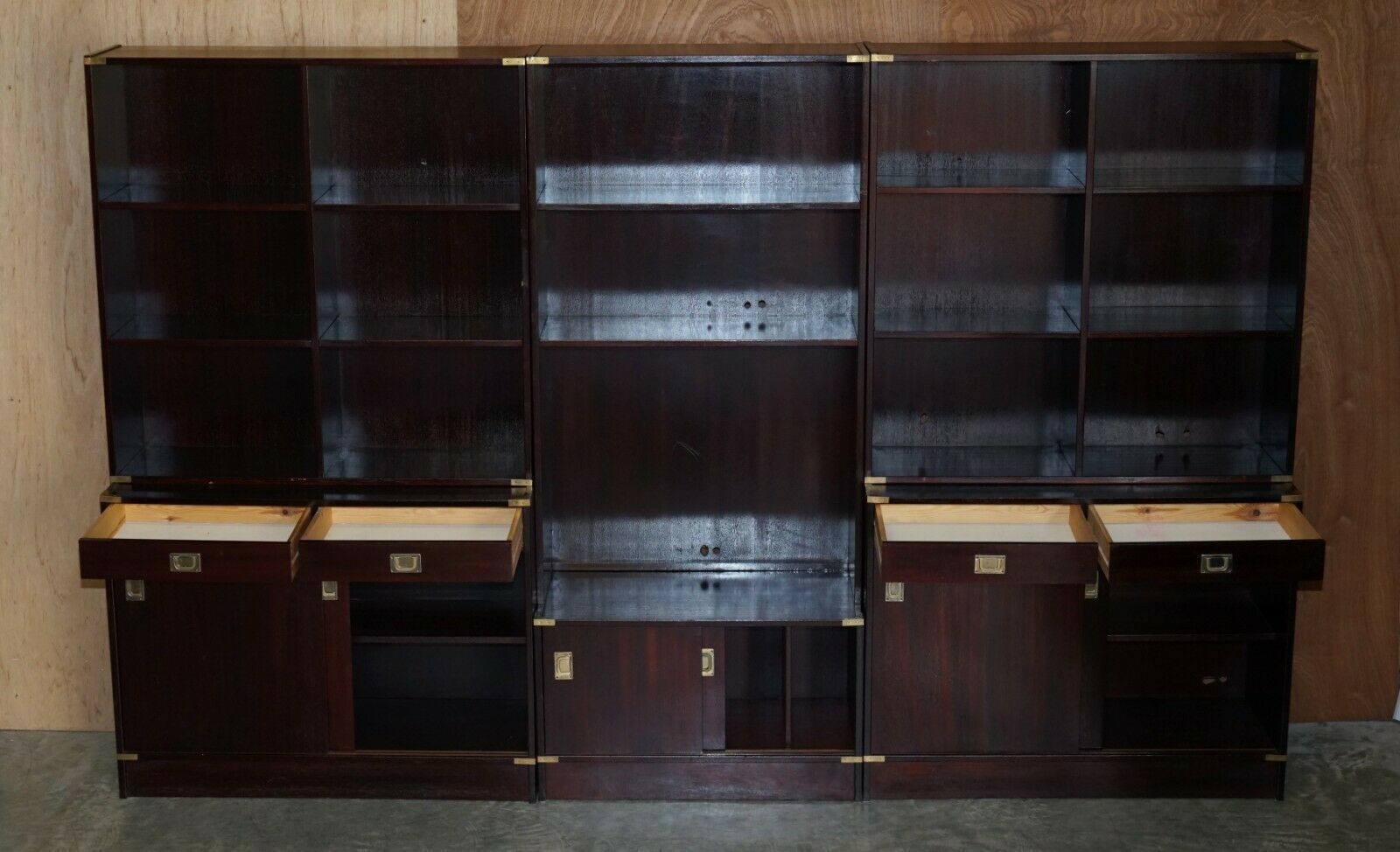 photo for sale Three Vintage Mahogany Finish Military Campaign Bookcases Used For Media Storage