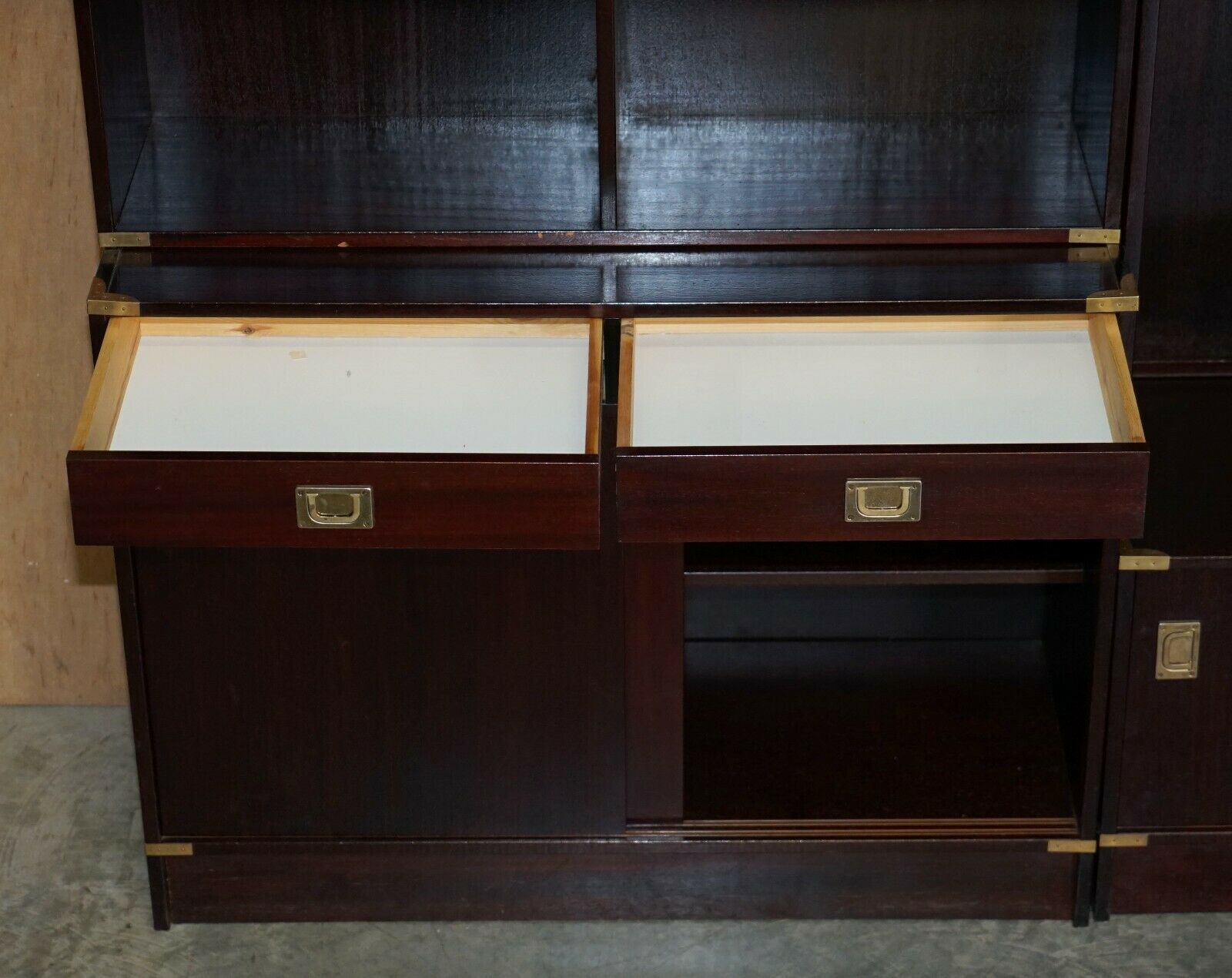 Furniture Three Vintage Mahogany Finish Military Campaign Bookcases Used For Media Storage photo