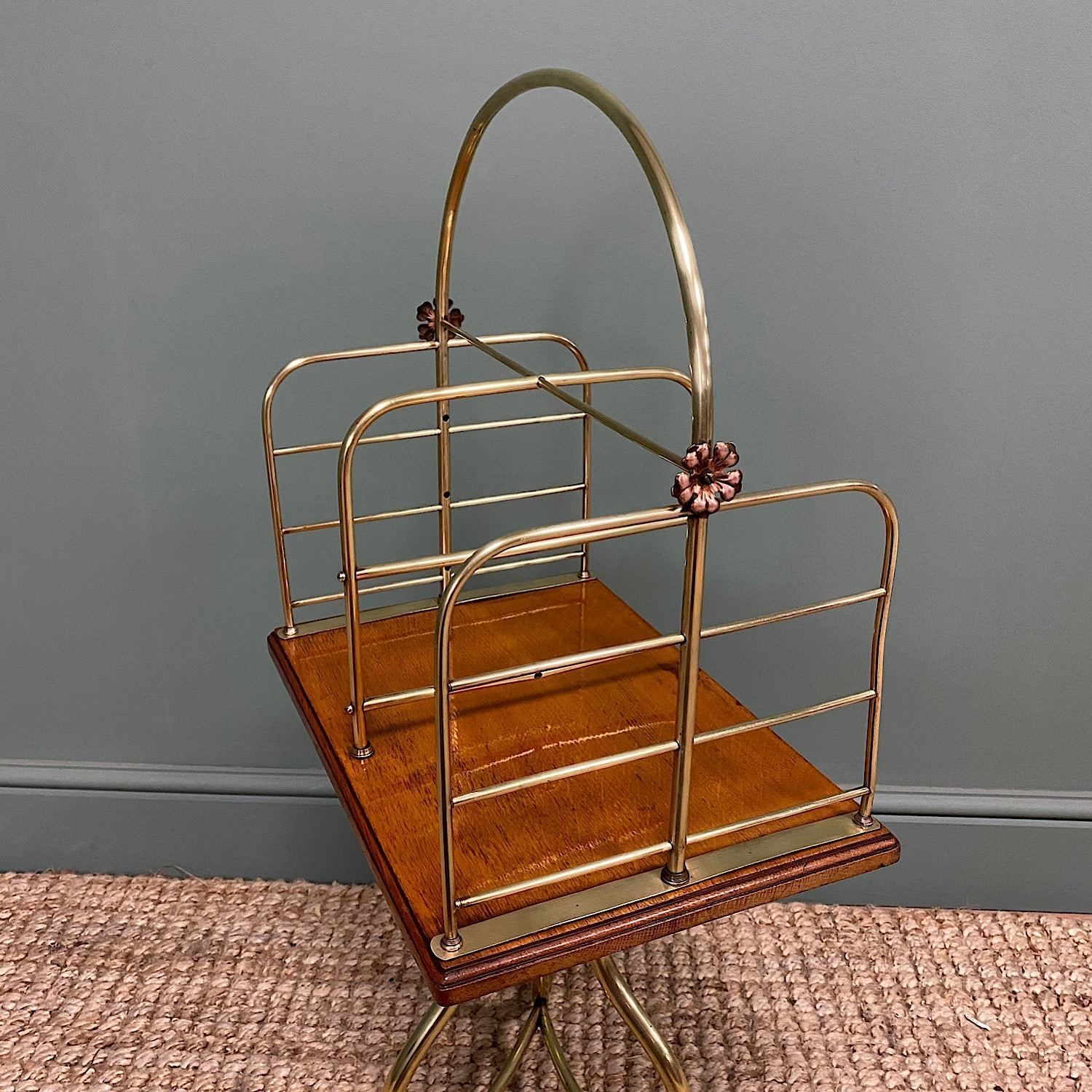 Antique Edwardian Brass & Oak Revolving / Magazine Rack photo for sale
