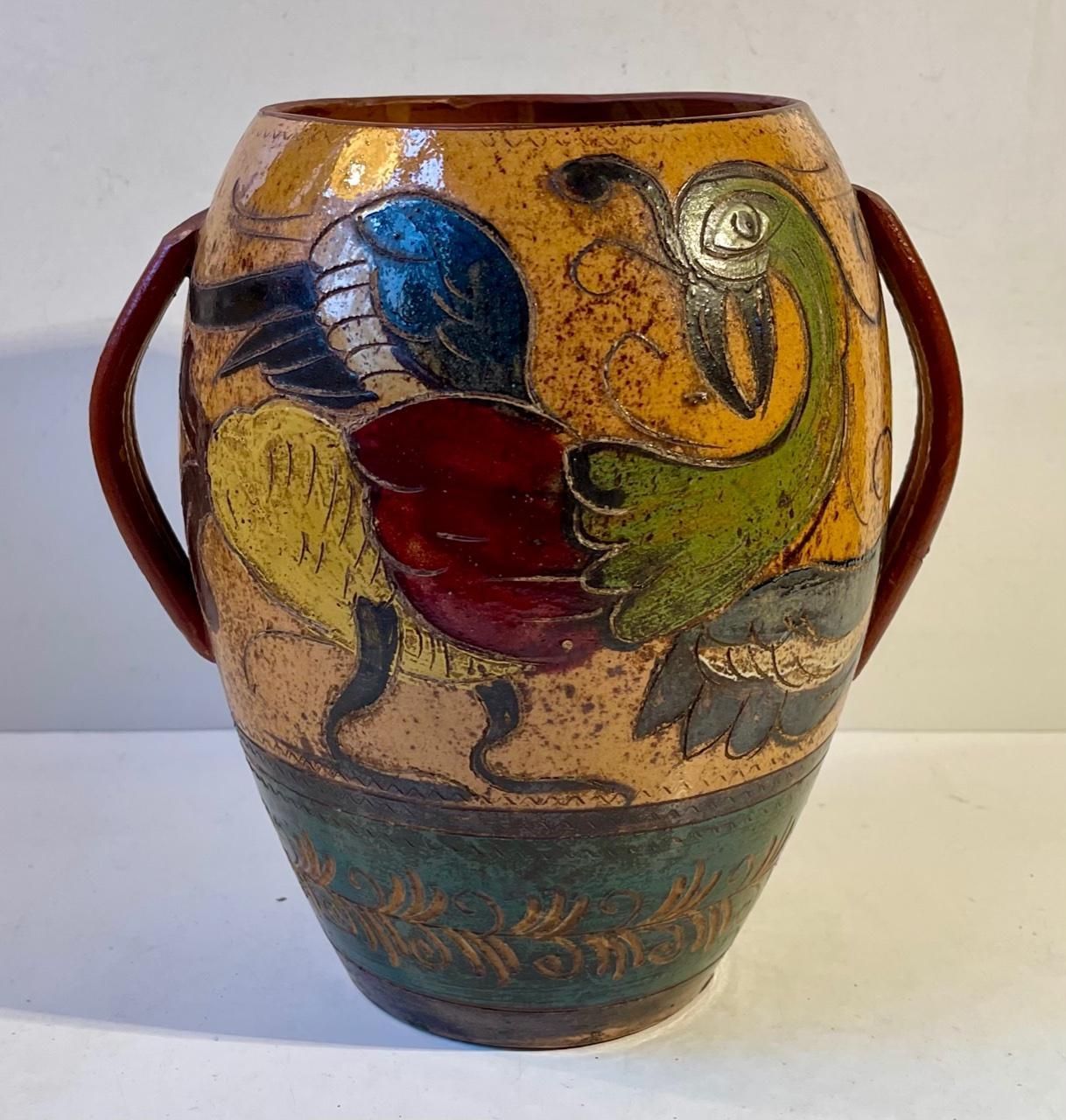 Antique Italian Terracotta Urn With Roosters In Majolica, 18th/19th Century photo Home Decor