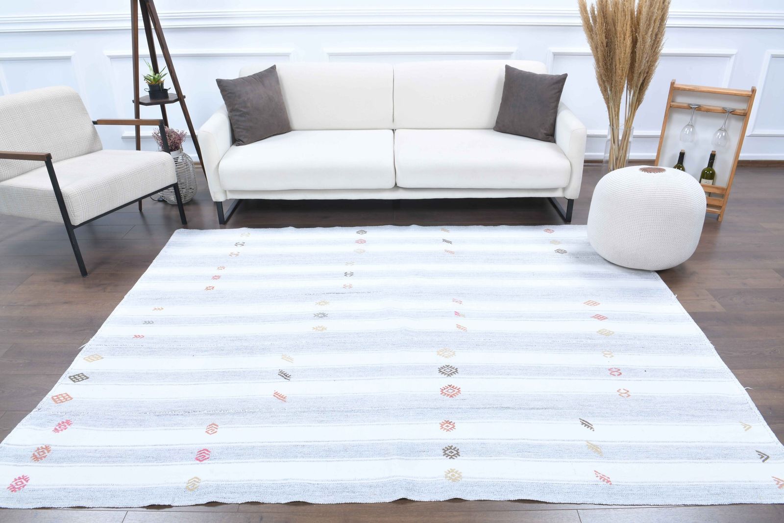 Turkish Kilim Area Rug, Oushak Handmade Wool White Carpet, Flatweave Rugs, Farmhouse Decor, One Of A Kind, Bohemian,