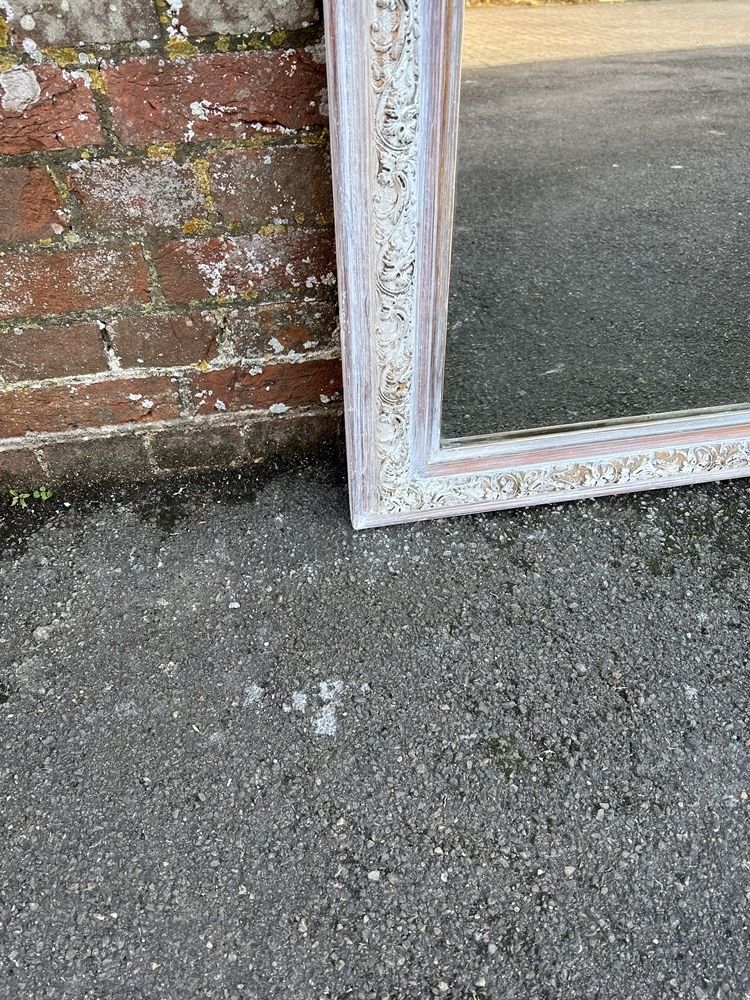 A Wonderful Good Size Antique French 19th Century Carved Wood & Gesso Arched Top Painted Mirror photo for sale
