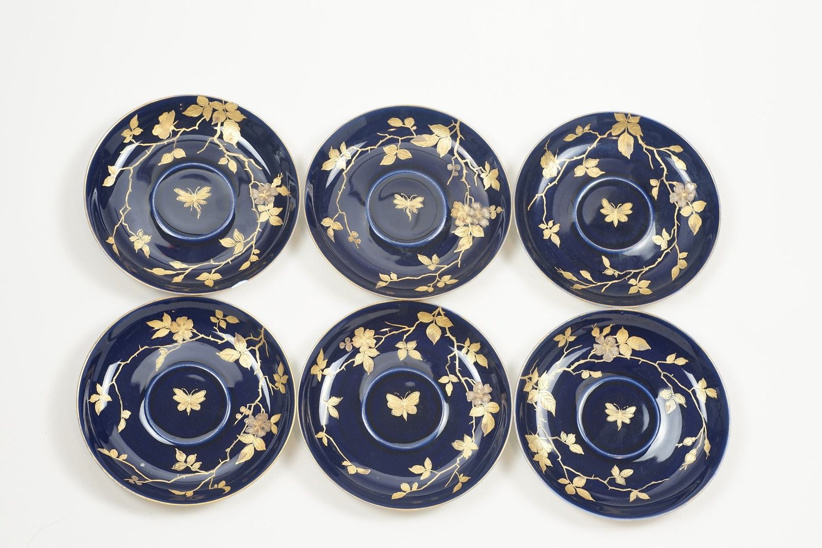 Six Beautiful Pirkenhammer Cobalt And Gold Saucers With Insects And Flowers Numbered 2602