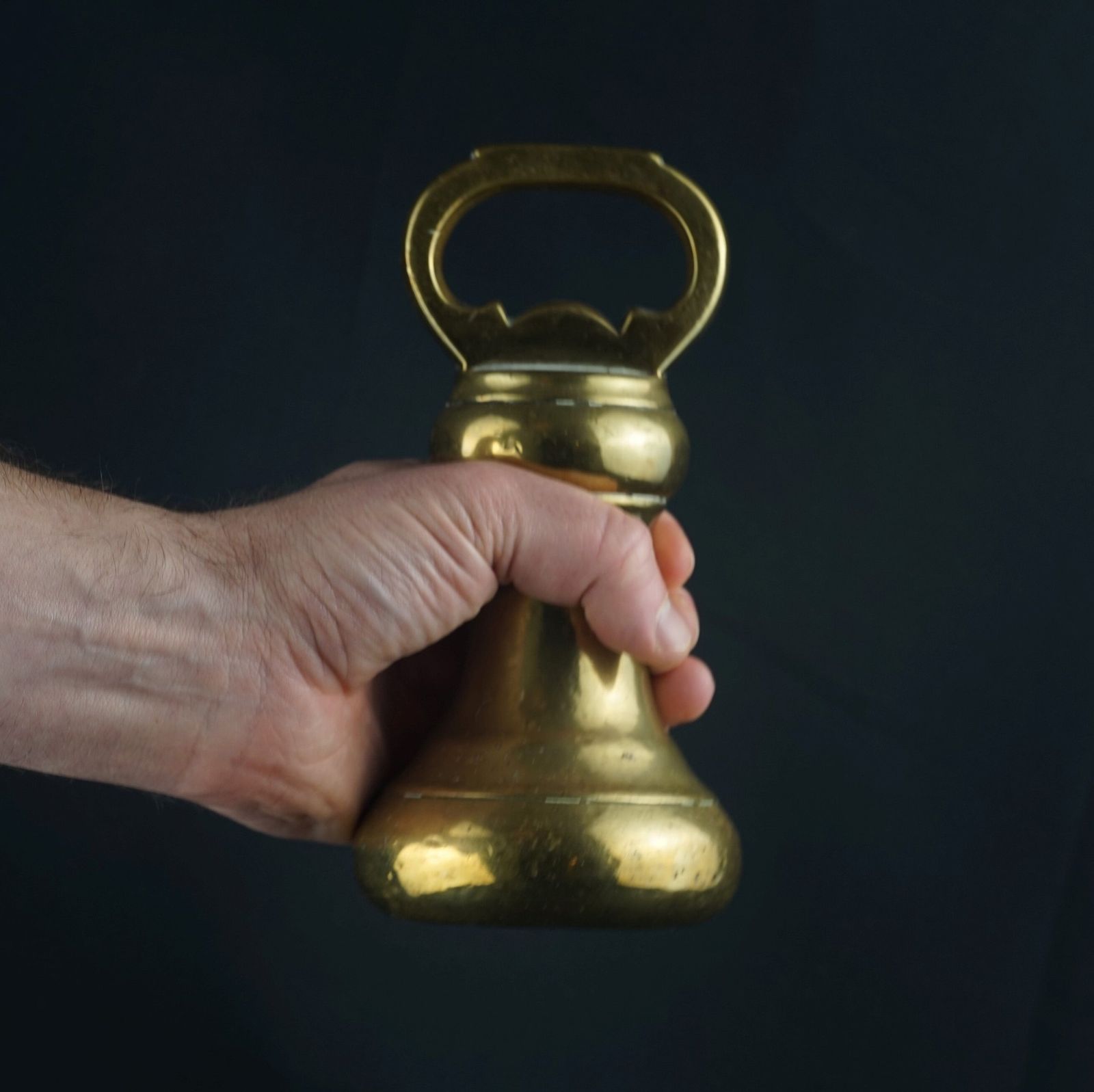 Gorgeous Set Of 1853 English Victorian Brass Bell Weights Weighing 2, 4 And 7 Pounds photo for sale