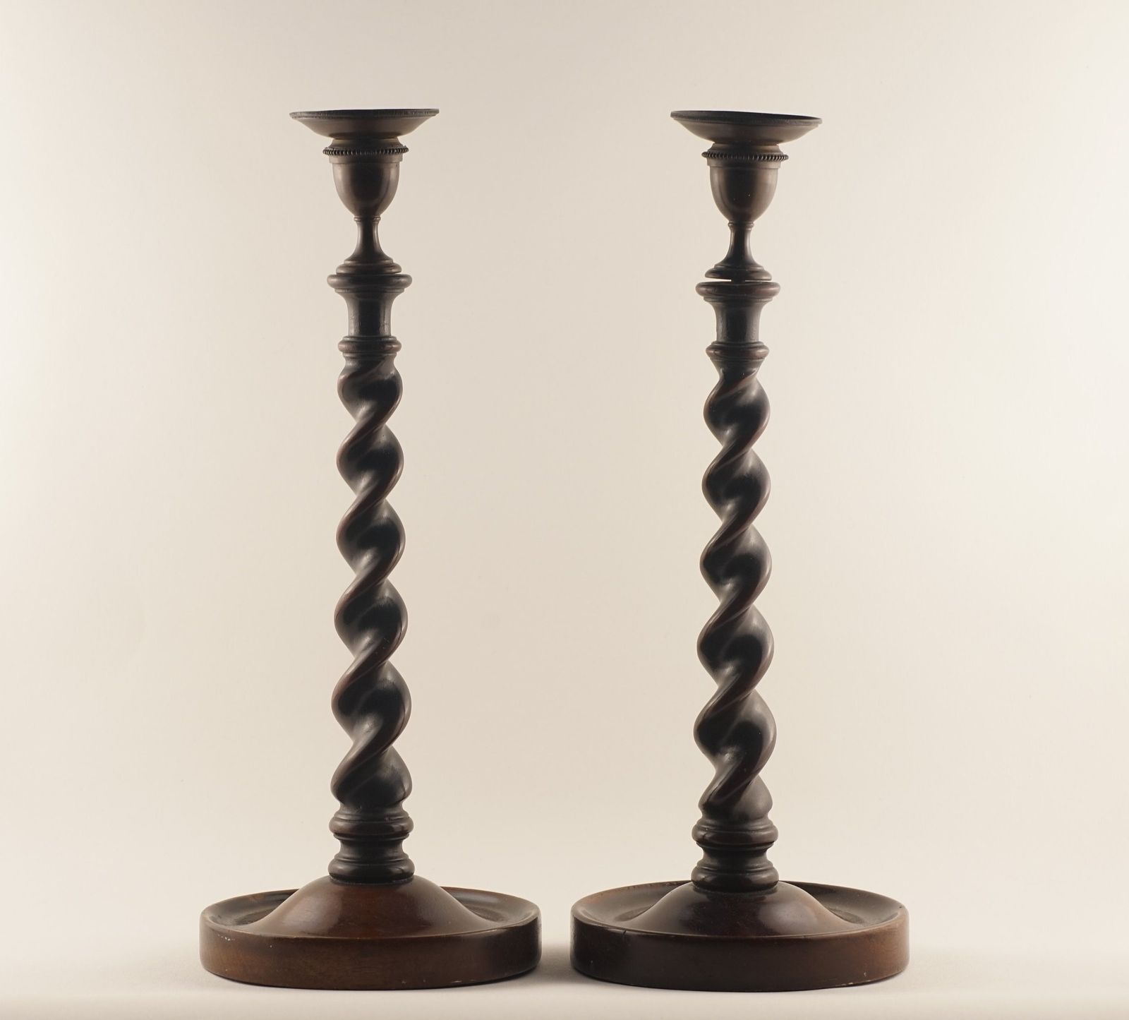 Towering Pair Of English Mahogany Barley Twist Candlesticks photo Home Decor
