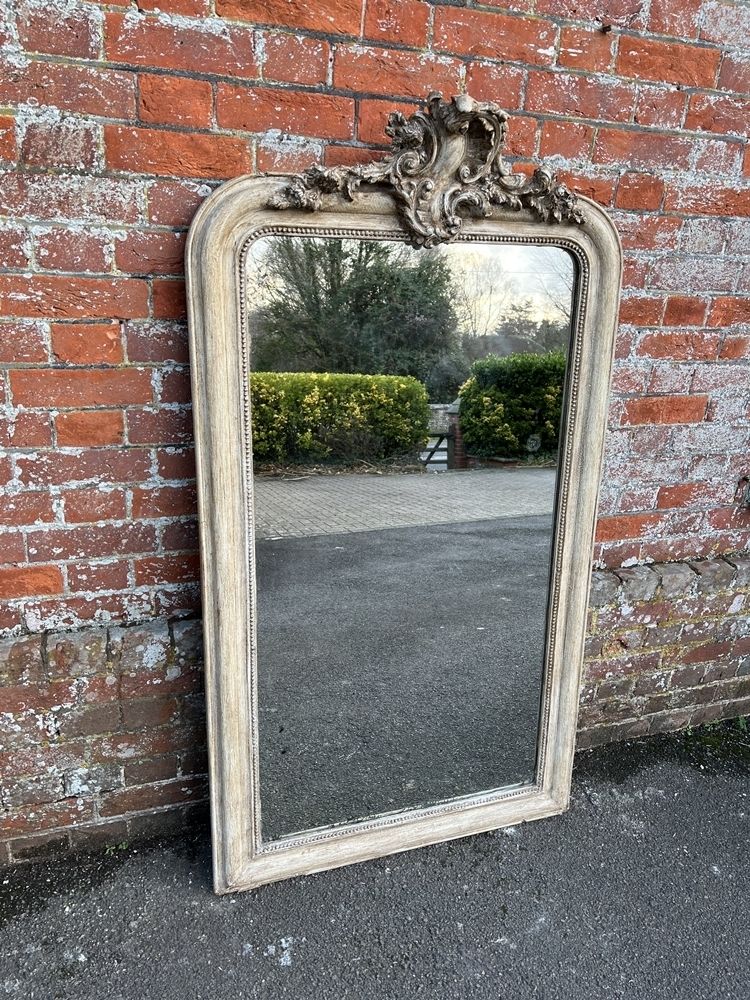 An Exceptional Large Antique French 19th Century Carved Wood & Gesso Arched Top Painted Mirror