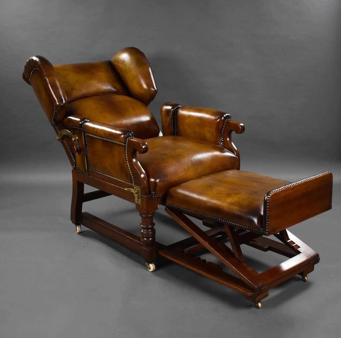 19th Century Victorian Hand Dyed Leather Reclining Chair By Foota Patent Chairs photo vintage