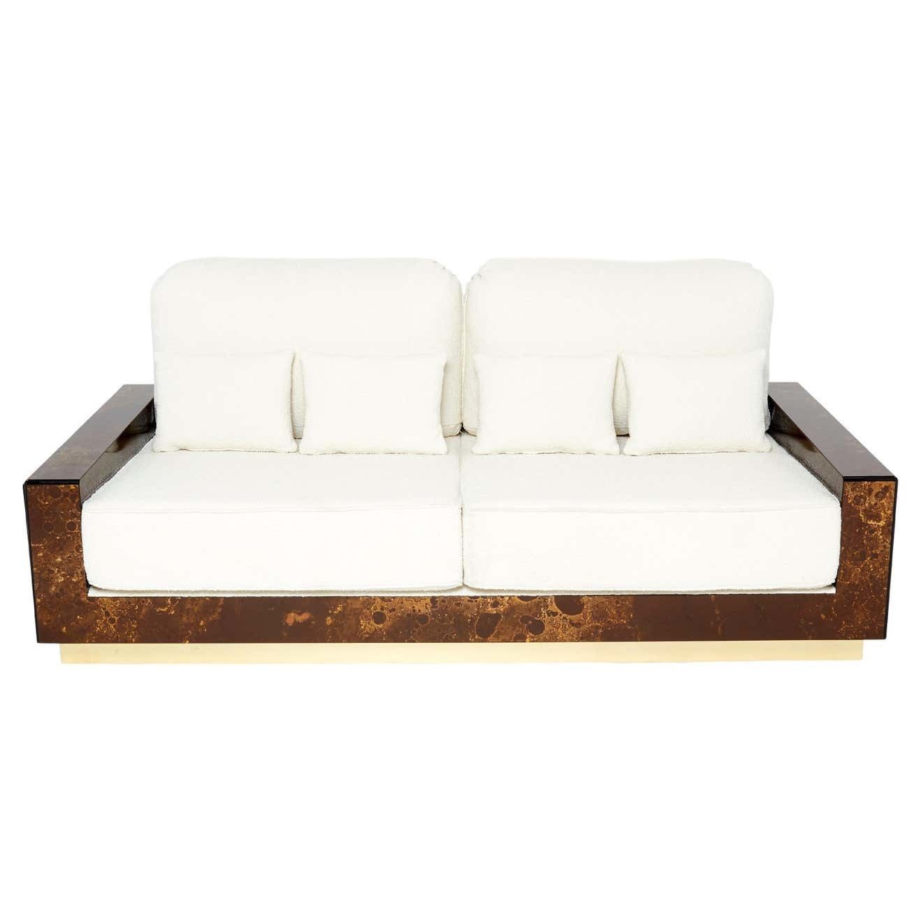 Rare Golden Lacquer And Brass Maison Jansen Bouclé Sofa, 1970s