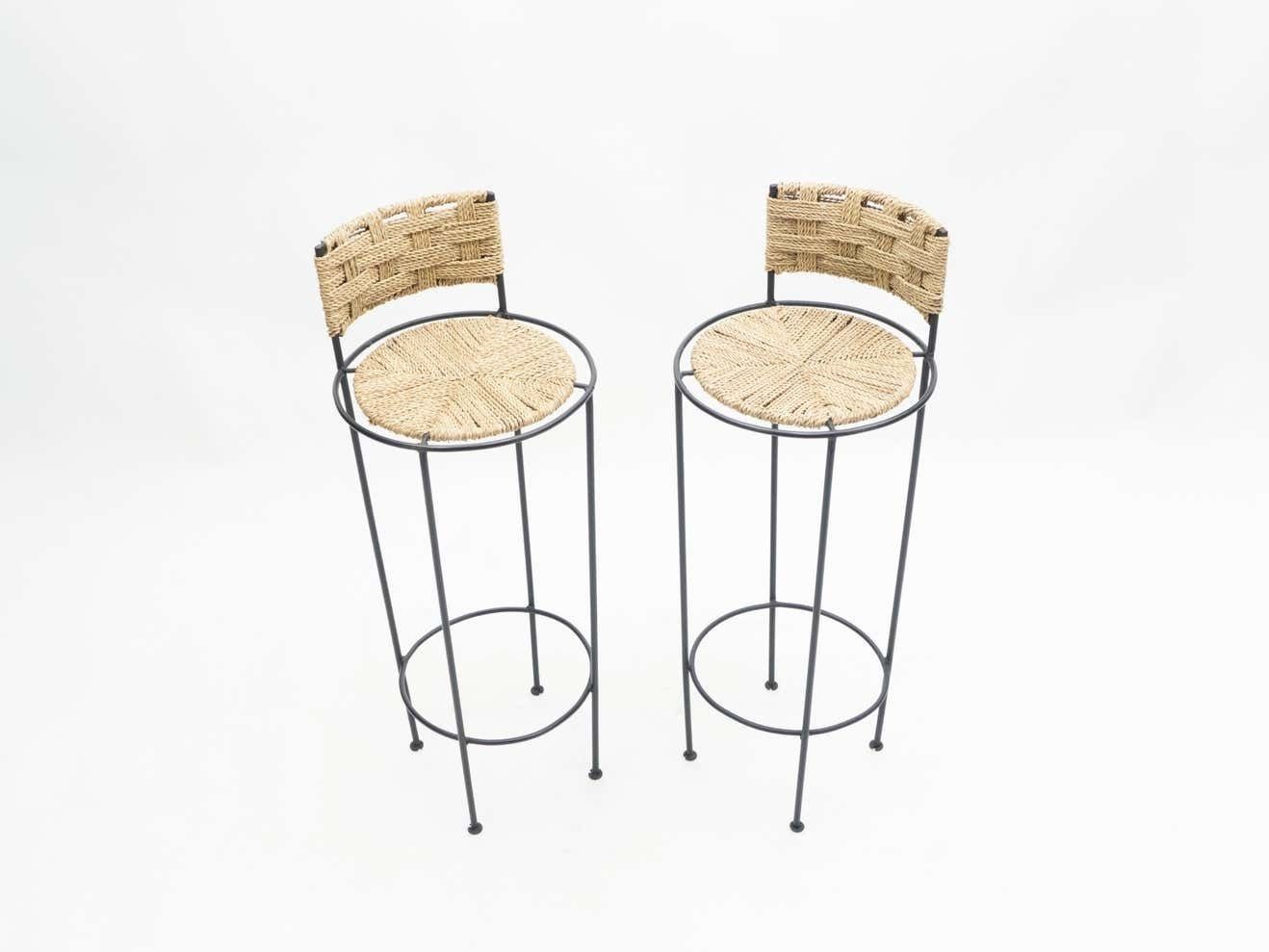 Pair Of French Bar Stools Rope And Metal By Audoux Minet, 1950s photo for sale