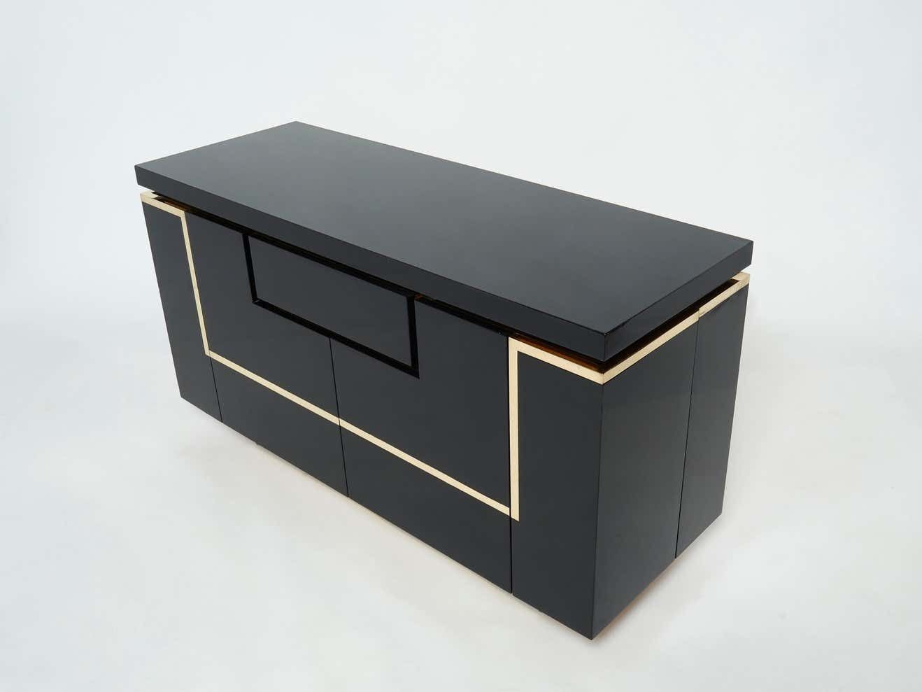 J.C. Mahey Brass Black Lacquered Sideboard Bar Cabinet 1970s photo for sale