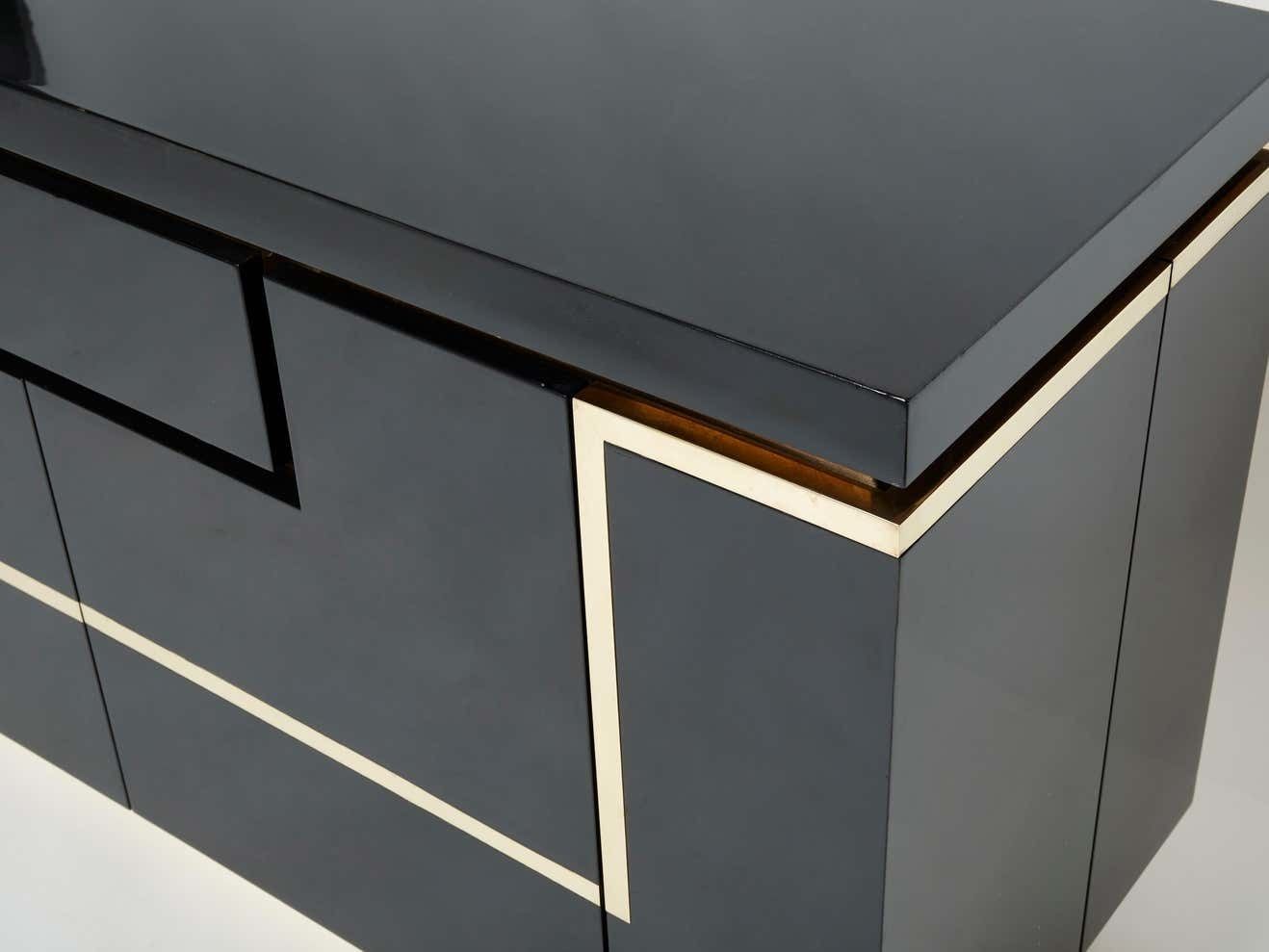 J.C. Mahey Brass Black Lacquered Sideboard Bar Cabinet 1970s photo vinterior