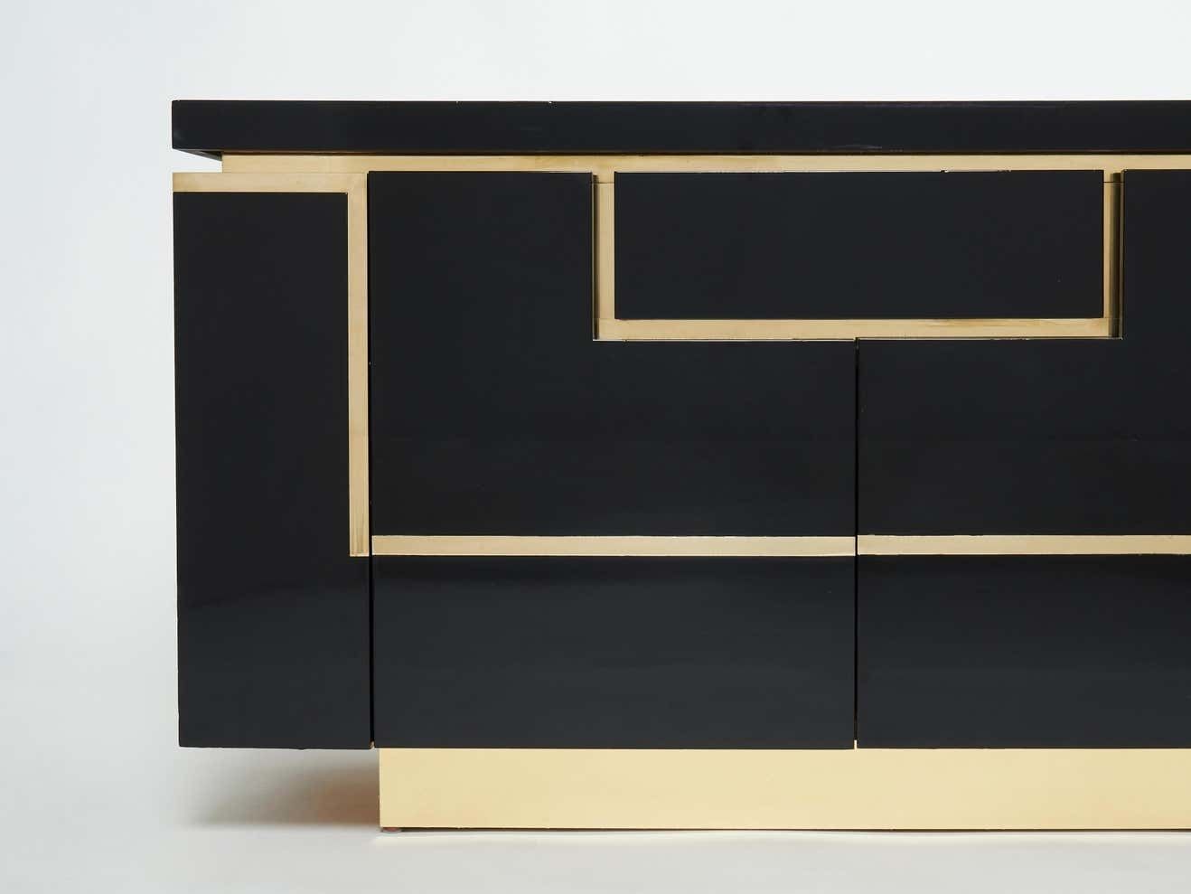 J.C. Mahey Brass Black Lacquered Sideboard Bar Cabinet 1970s photo buy