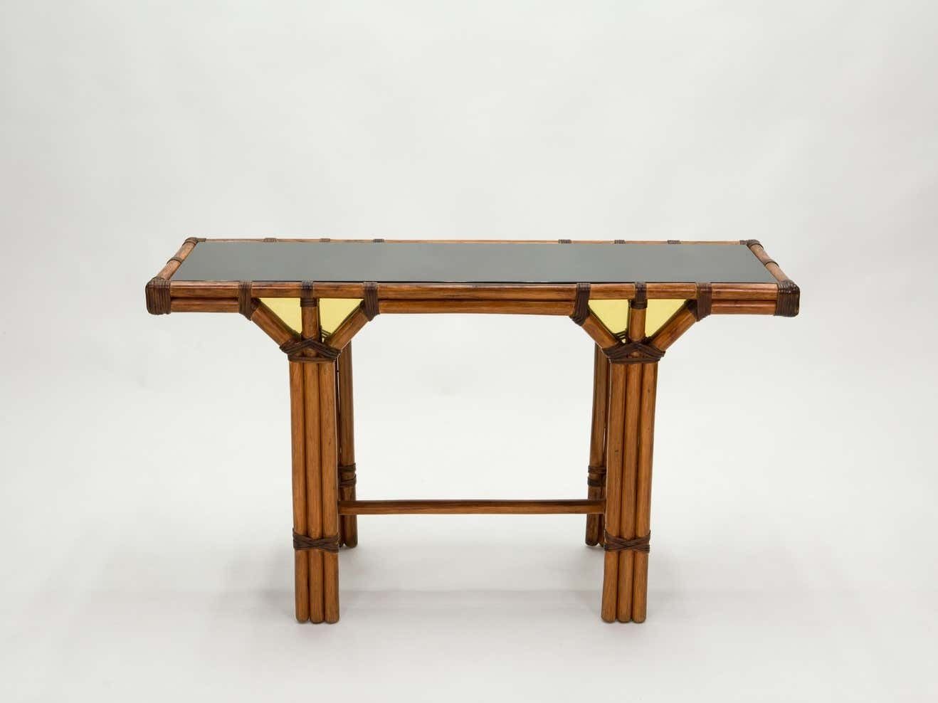 Console française en bambou et laiton, plateau en verre noir, années 1970 photo furniture