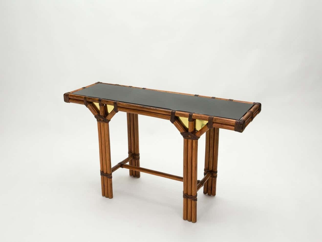 Console française en bambou et laiton, plateau en verre noir, années 1970 photo 5439.15