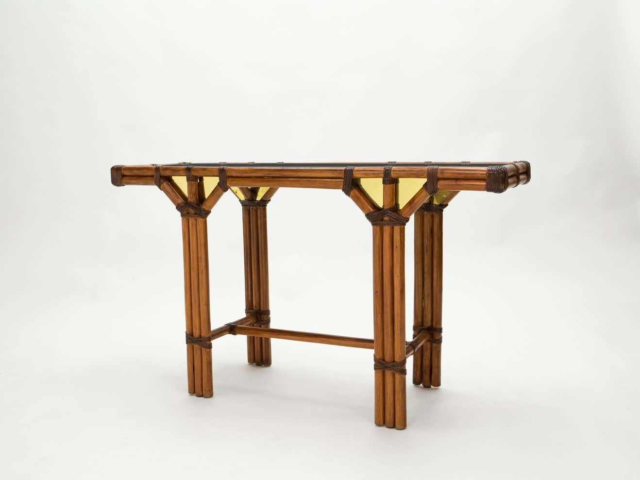 Console française en bambou et laiton, plateau en verre noir, années 1970 photo buy