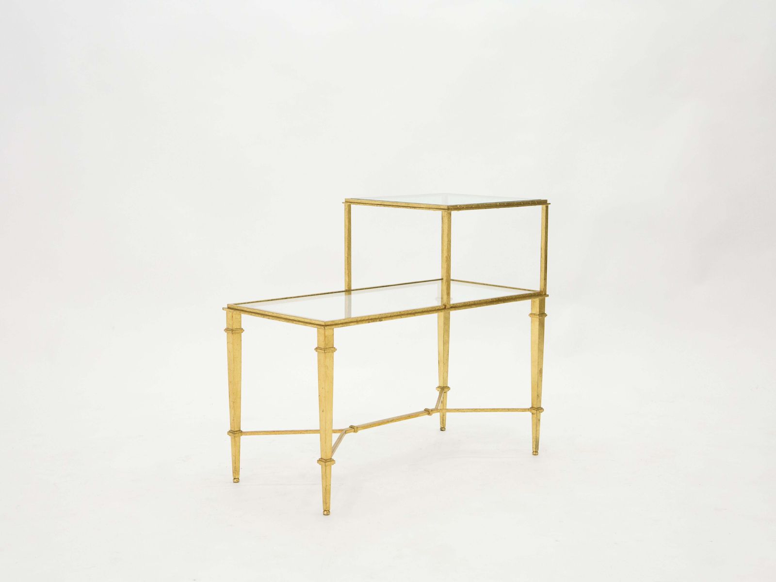 Table d'appoint à deux plateaux en verre et fer forgé doré Roger Thibier, années 1960 photo for sale