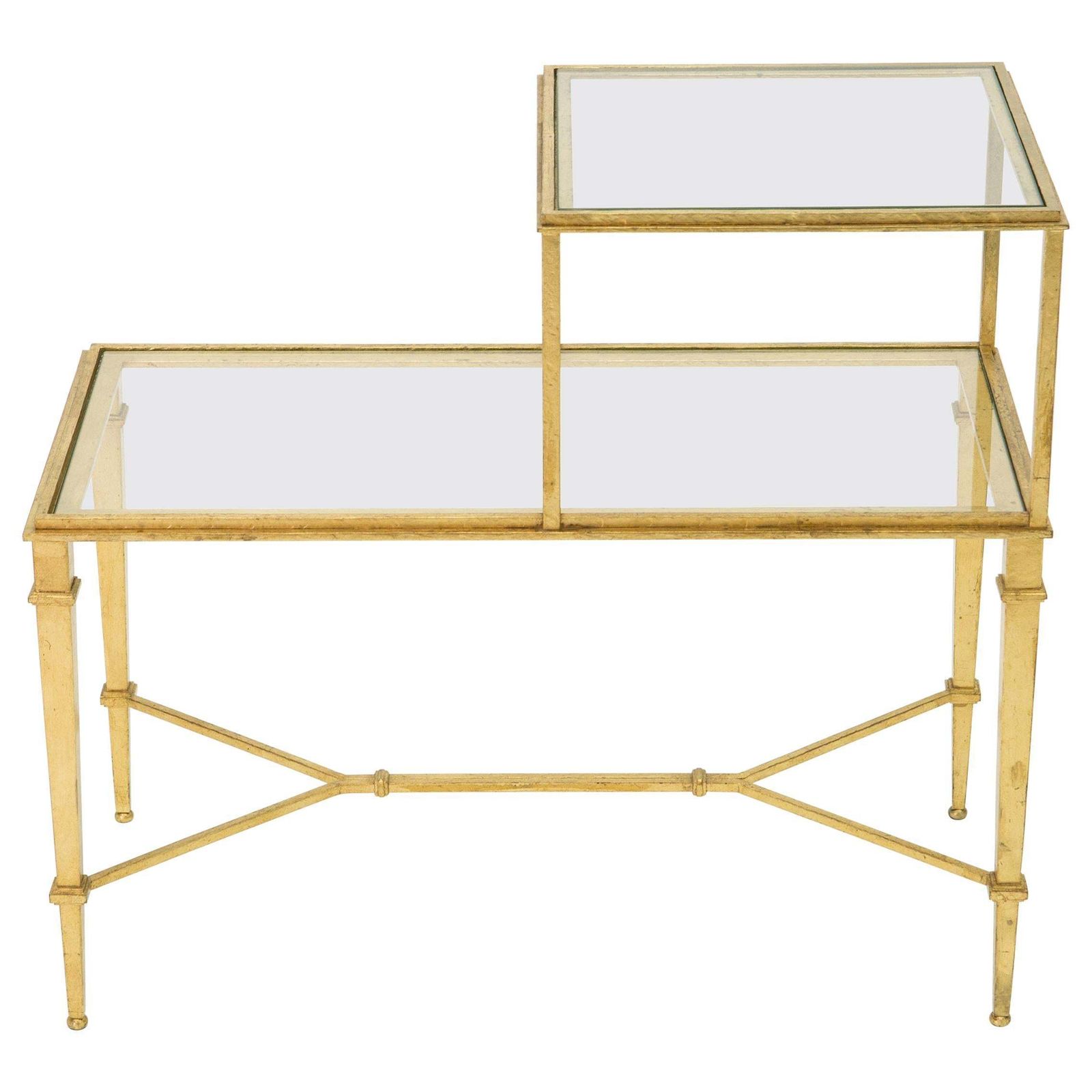 Table d'appoint à deux plateaux en verre et fer forgé doré Roger Thibier, années 1960 photo vinterior