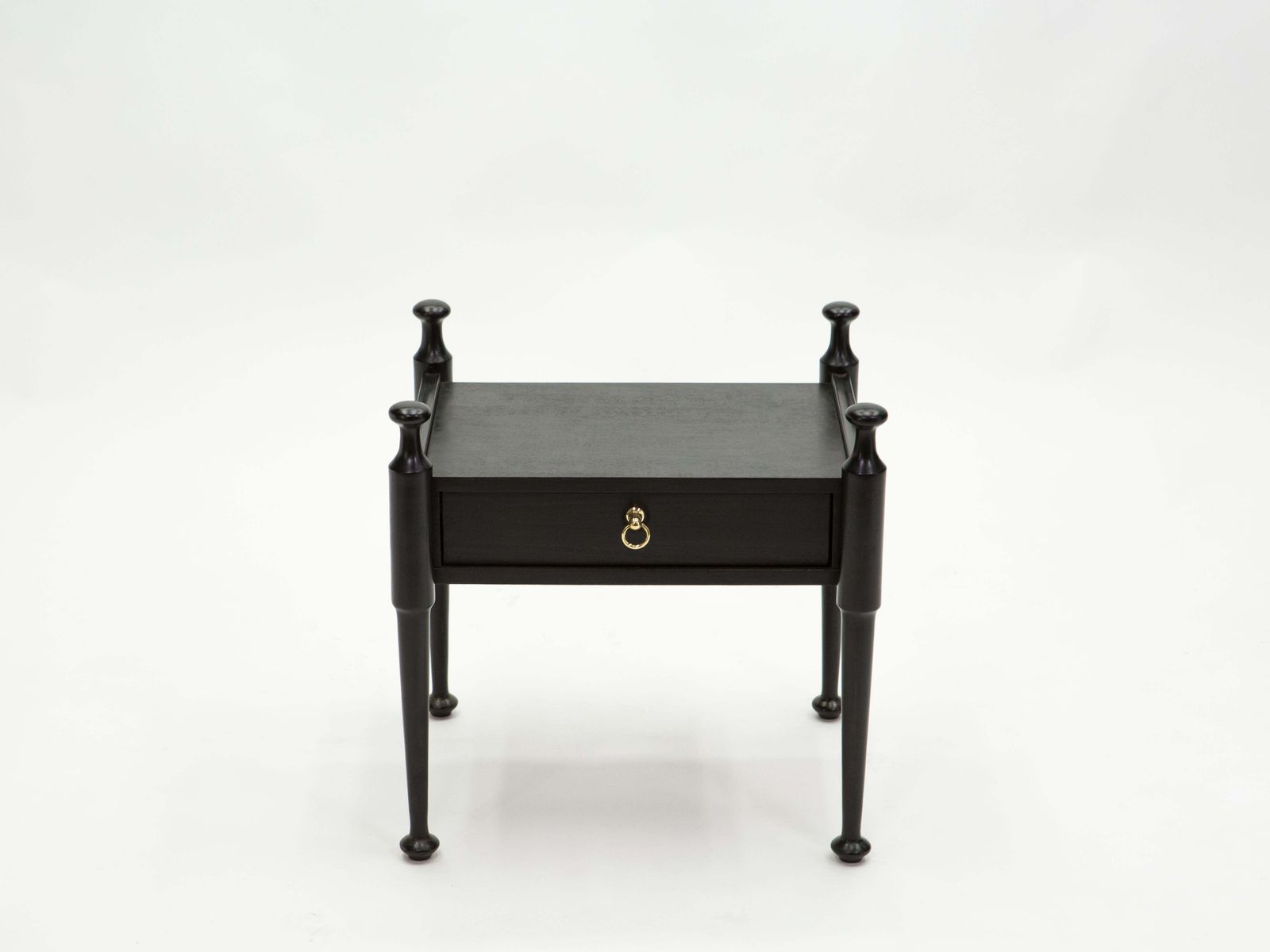 Paire de tables de chevet françaises en bois teinté noir et laiton, années 1970 photo buy