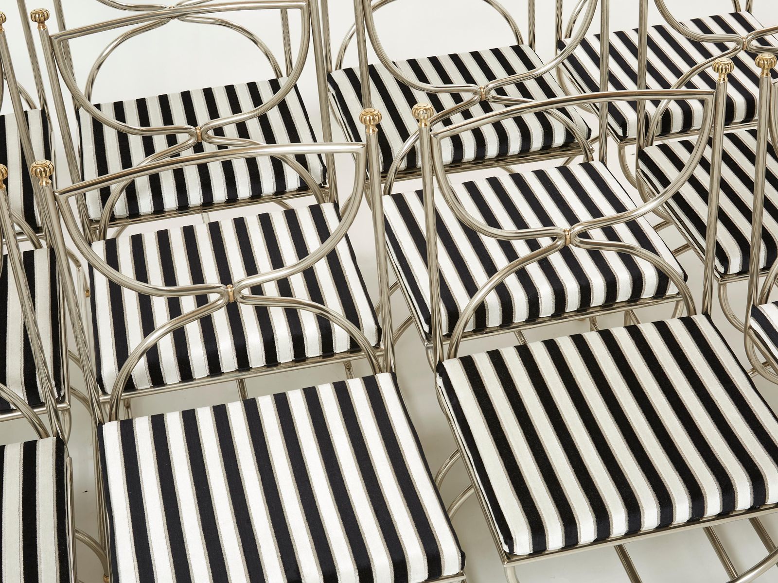 Set Of Twelve Steel Brass Velvet Curule Chairs By Maison Jansen, 1960s photo buy