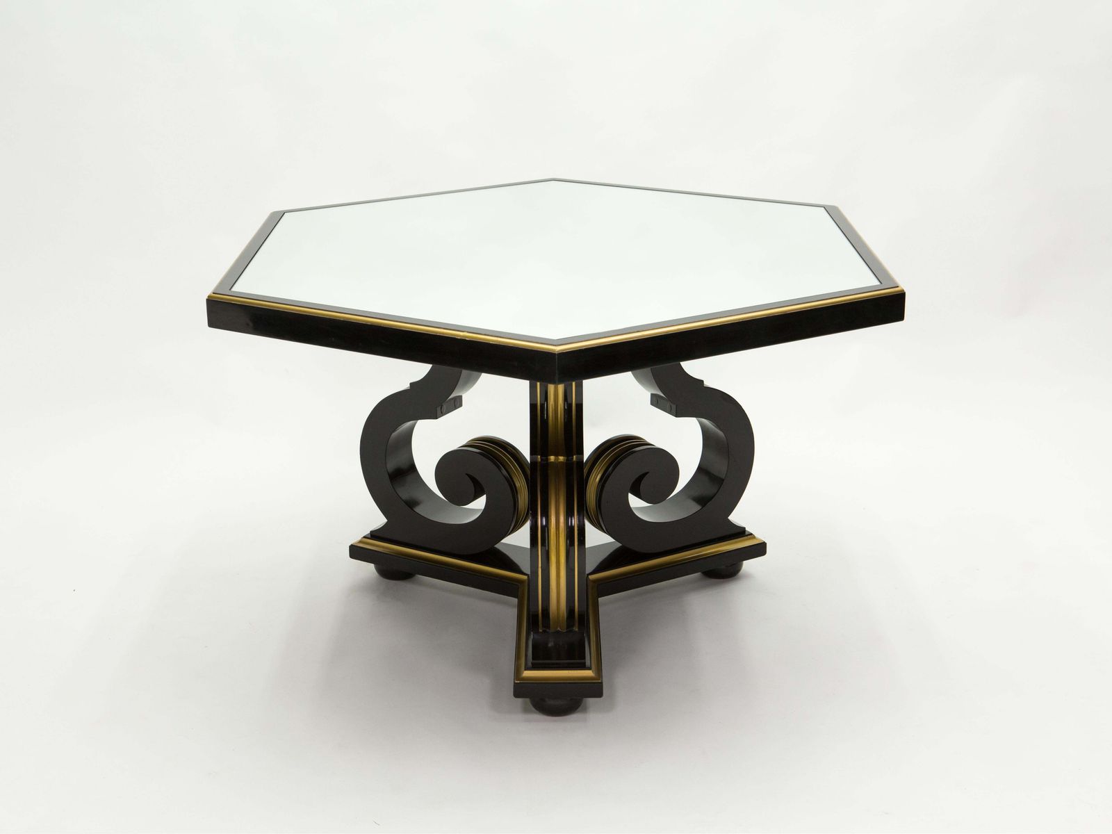 Table Maurice Hirsch néoclassique noire dorée à plateau miroir, années 1970 photo for sale