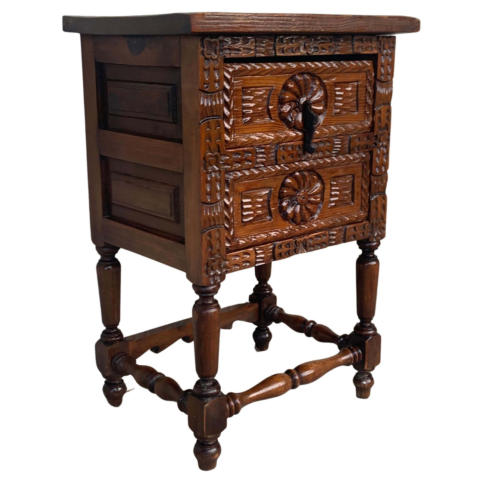 Antique Spanish Carved Walnut End Table Or Nightstand With 2 Drawers