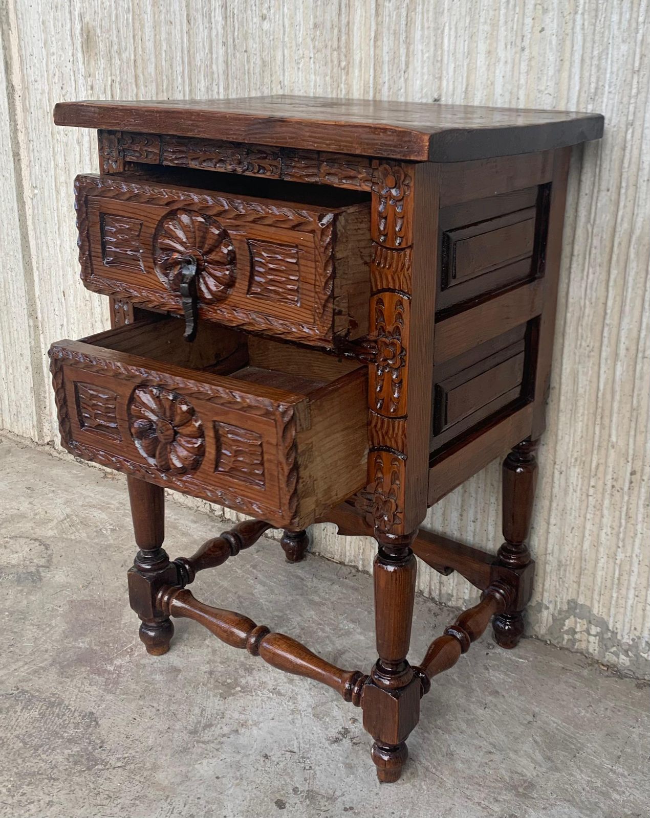 Antique Spanish Carved Walnut End Table Or Nightstand With 2 Drawers photo vinterior