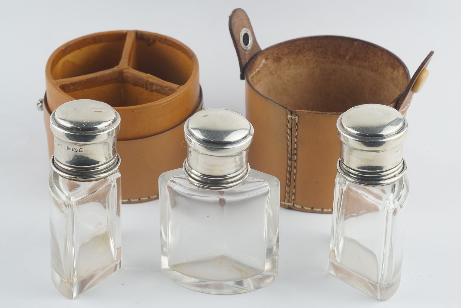 Set Of 3 Small Cased Scent Decanters Hallmarked Wolfsky & Co Ltd London 1928 photo furniture