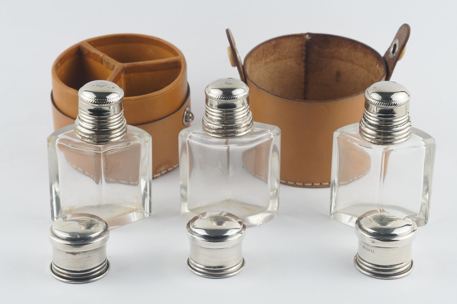 Set Of 3 Small Cased Scent Decanters Hallmarked Wolfsky & Co Ltd London 1928 photo for sale