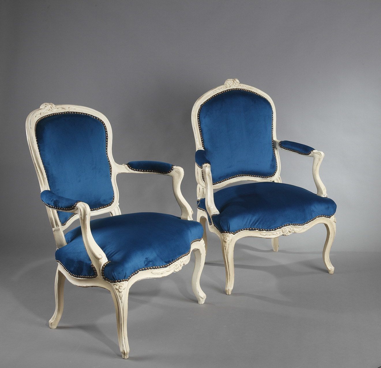 Four Peacock Blue Velvet Armchairs From The Louis XV Period photo for sale
