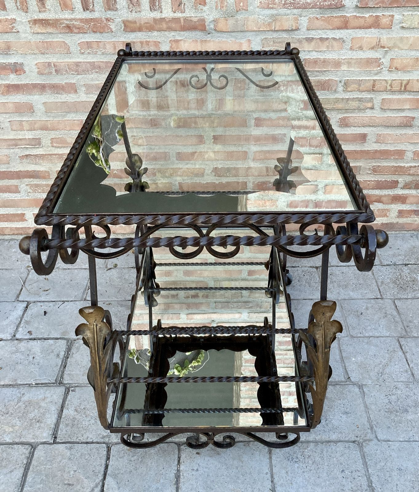 19th Century French Table Iron Bar Cart With Wheels And Two Mirror Tops photo Home Decor