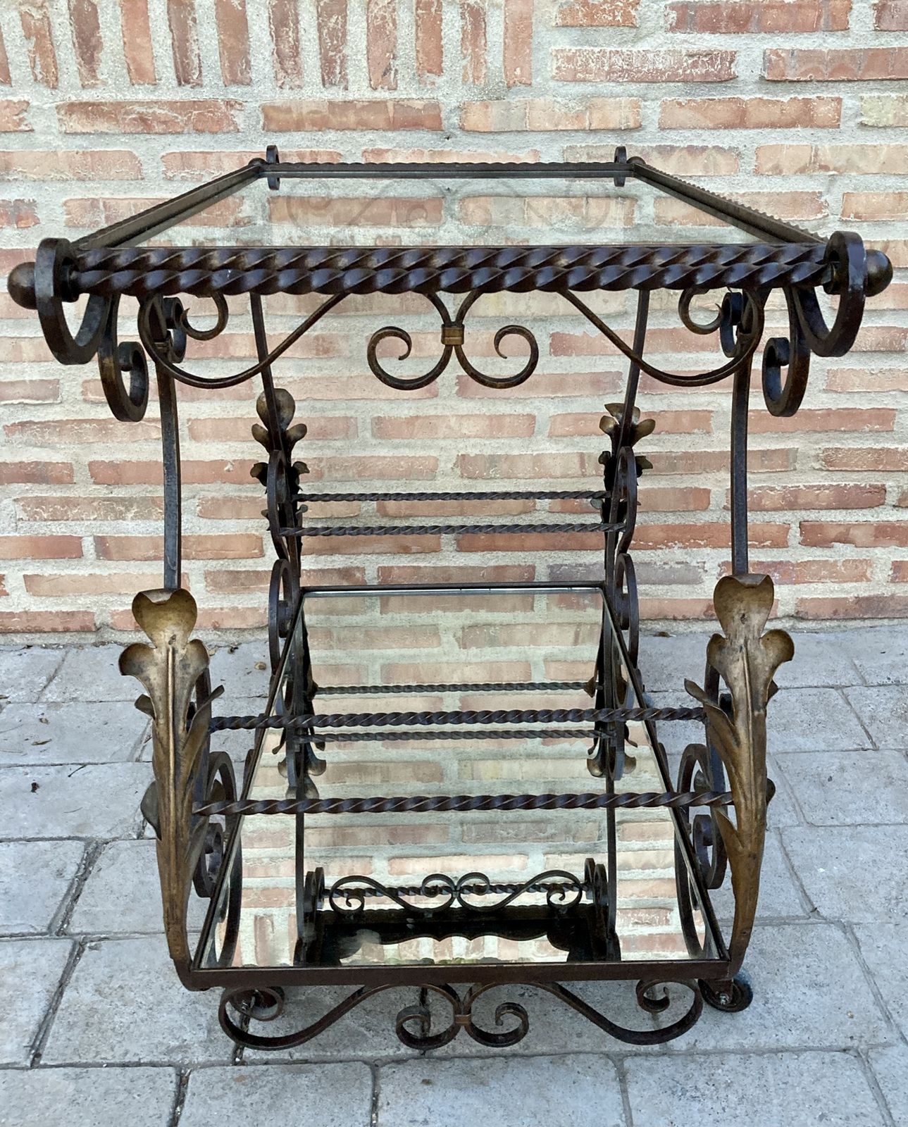 19th Century French Table Iron Bar Cart With Wheels And Two Mirror Tops photo buy