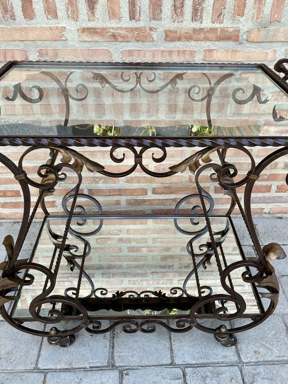 photo furniture 19th Century French Table Iron Bar Cart With Wheels And Two Mirror Tops