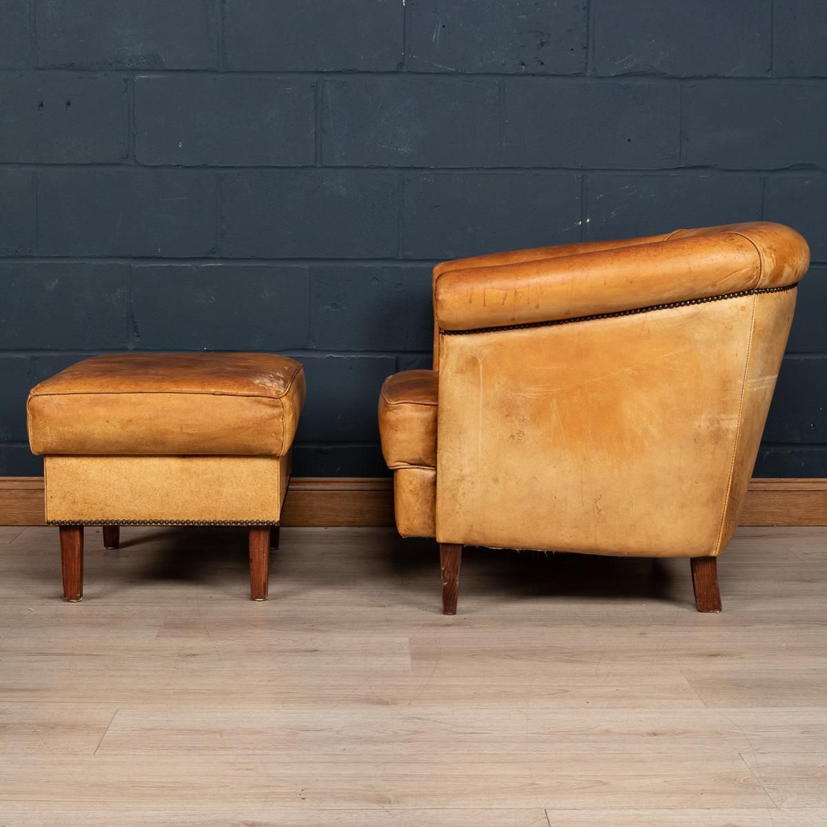 20th Century Dutch Sheepskin Leather Tub Chair & Footstool photo for sale