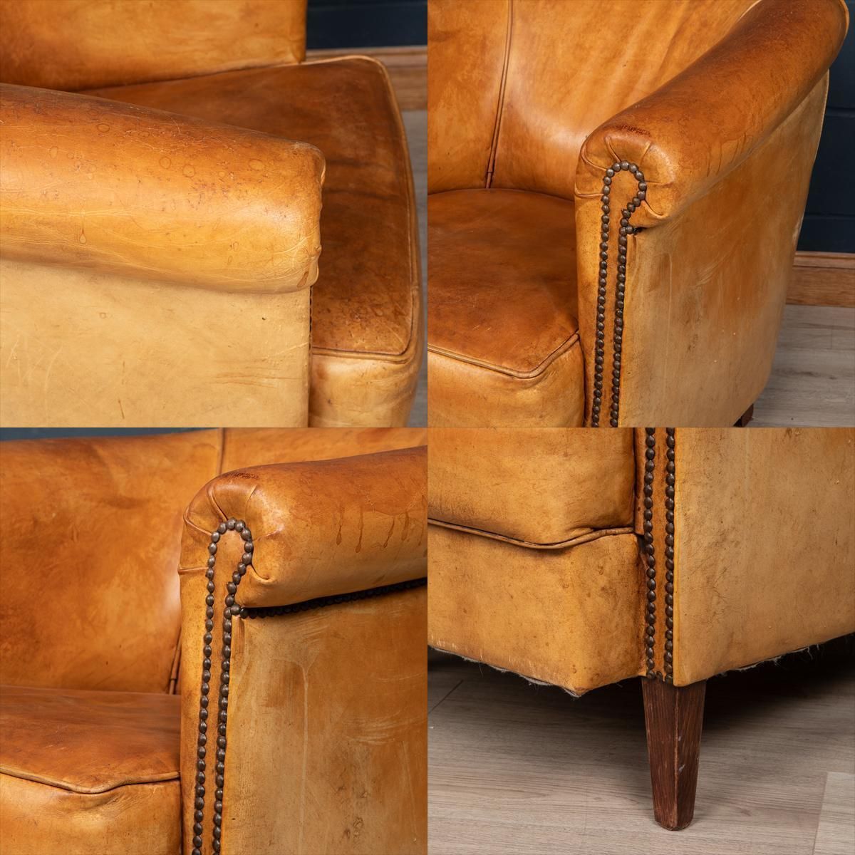 20th Century Dutch Sheepskin Leather Tub Chair & Footstool photo vinterior