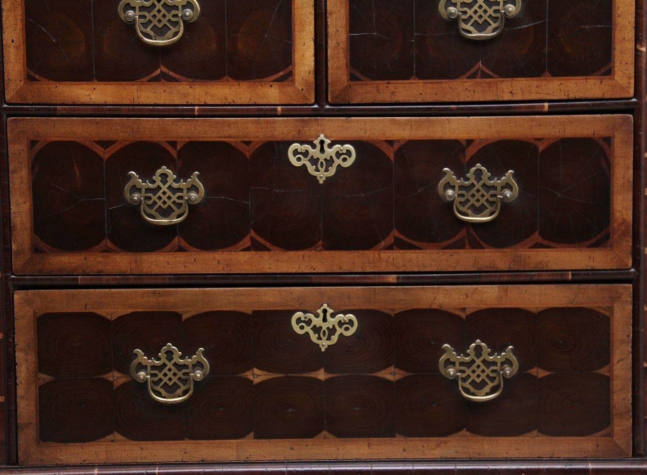 photo for sale Early 20th Century Laburnam Oyster Chest On Stand In The Style Of William & Mary