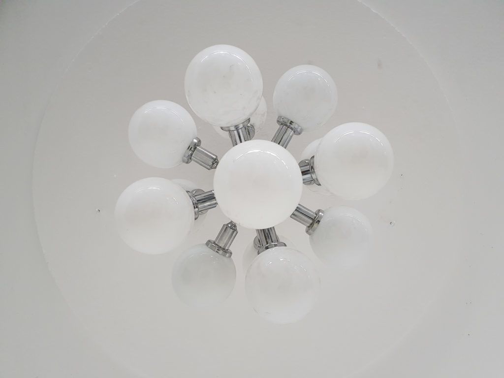 Mid Century "Sputnik" Metal Pendant Light With 13 Glass Globes, 1970's