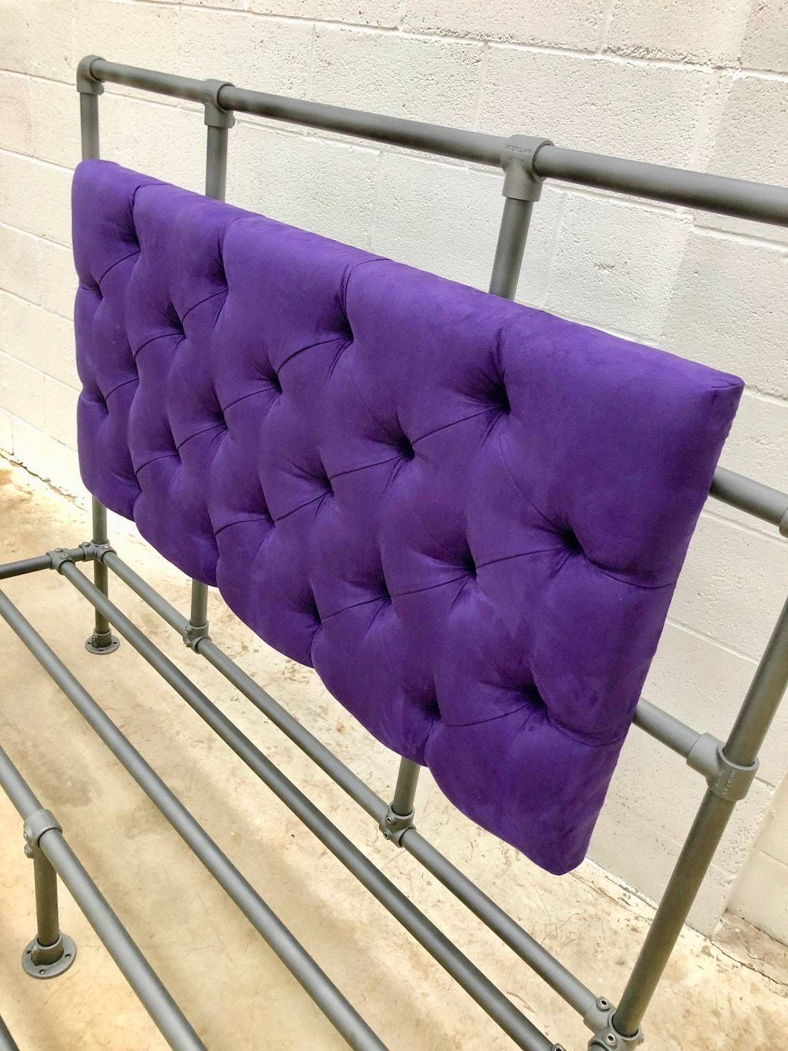 Relugas Industrial Steel Pipe Kingsize Bed Frame With Designers Guild Purple Faux Suede Deep Buttoned Padded And Upholstered Headboard photo Furniture