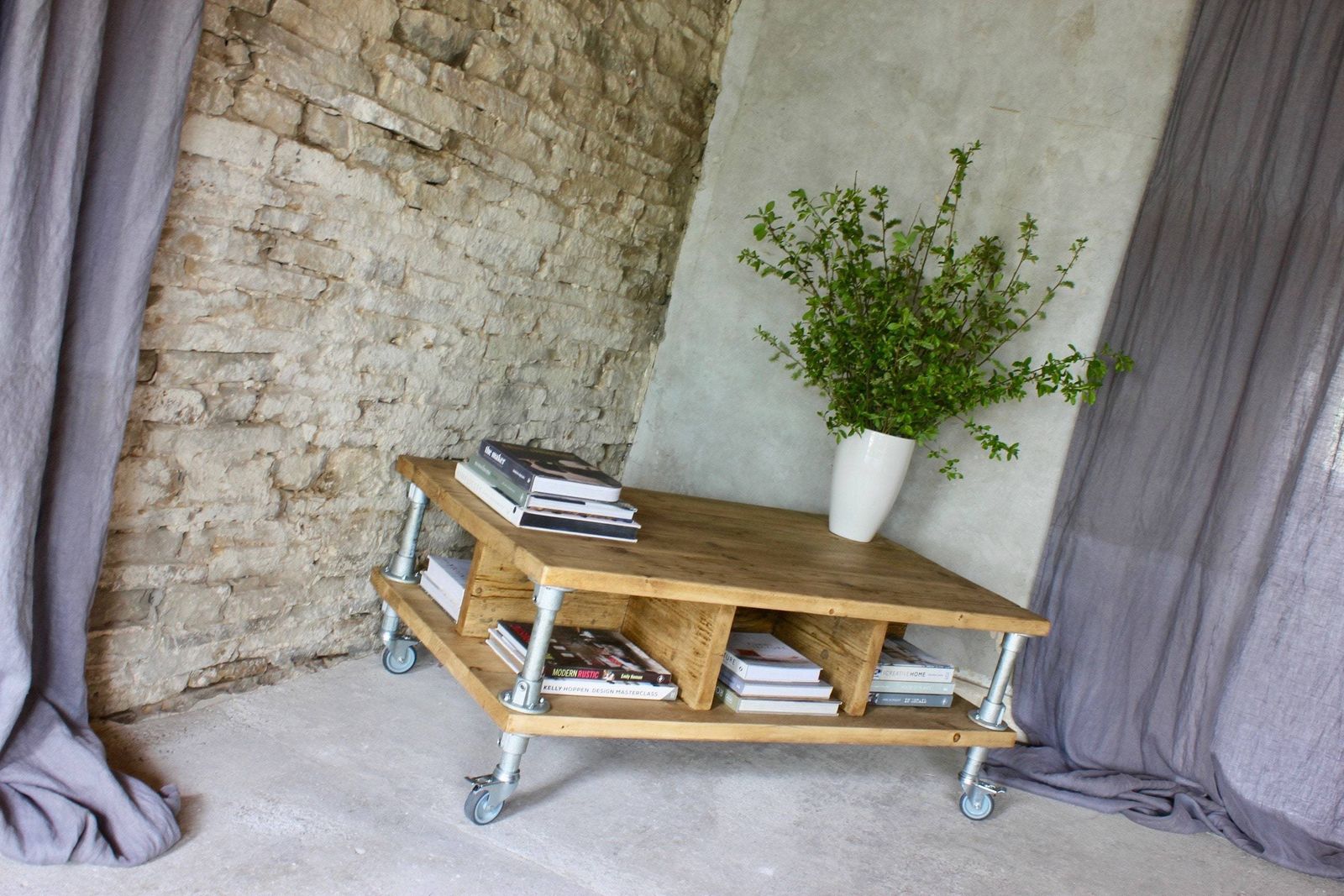Elena Reclaimed Scaffolding Board And Industrial Pipe Coffee Table With Storage Bespoke Industrial Furniture photo for sale