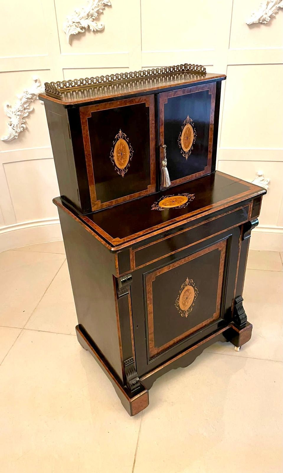 Unusual Antique Victorian Quality Ebonised And Burr Walnut Inlaid Writing Desk photo vinterior