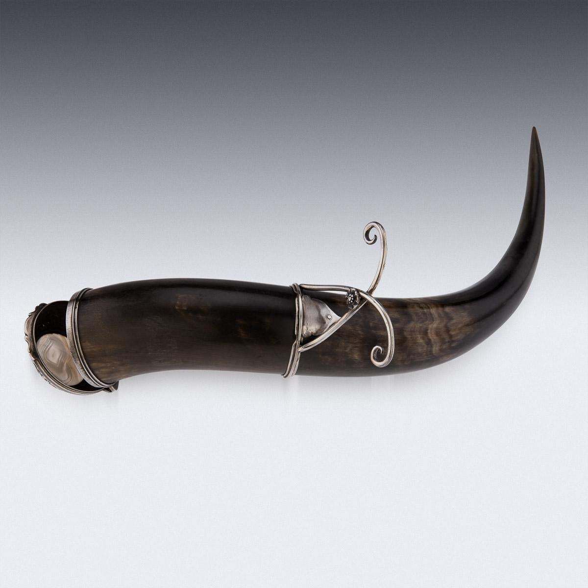 19th Century Scottish Horn, Banded Agate & Solid Silver Table Snuff Mull, C.1870 photo vinterior
