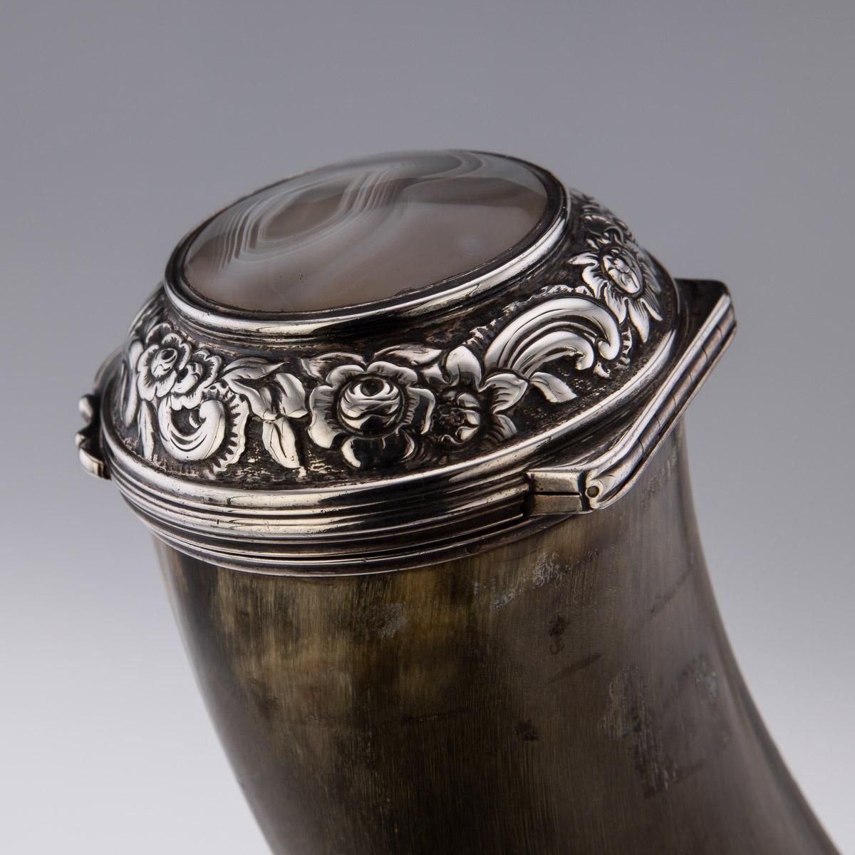 19th Century Scottish Horn, Banded Agate & Solid Silver Table Snuff Mull, C.1870 photo vintage