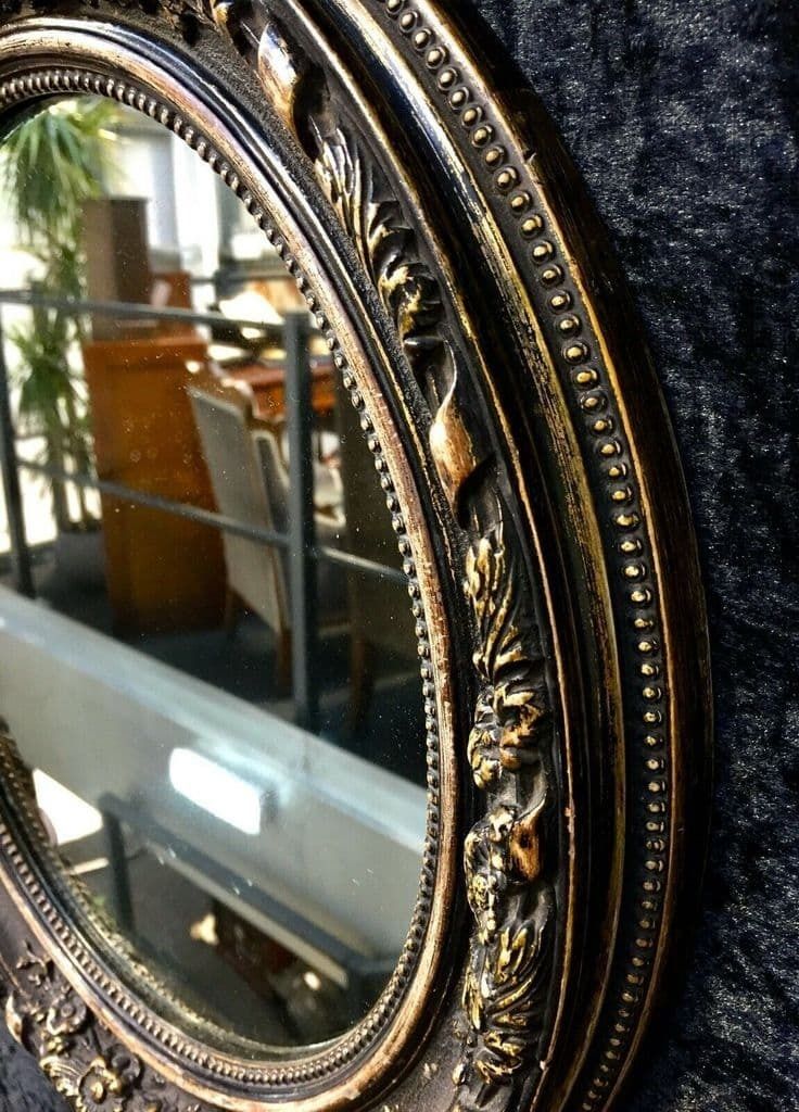 Antique Victorian Wooden Framed Black & Gold Oval Wall Mirror / Art Nouveau photo for sale