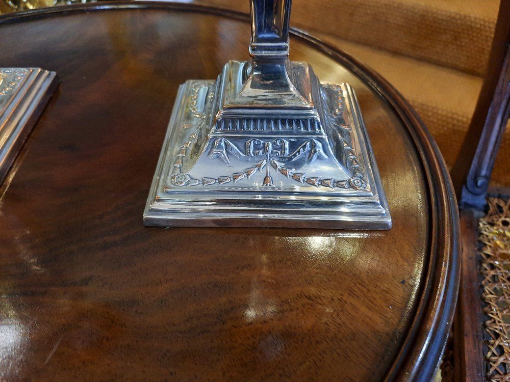 Pair Of Adam Style Silver Plate Candlesticks C1900 photo furniture