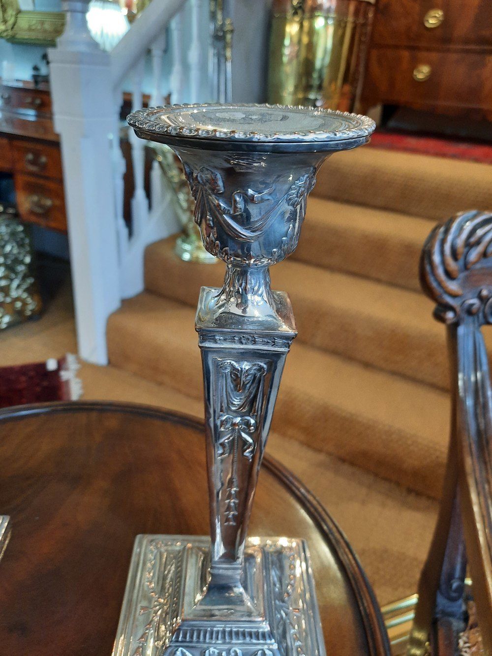Pair Of Adam Style Silver Plate Candlesticks C1900 photo for sale
