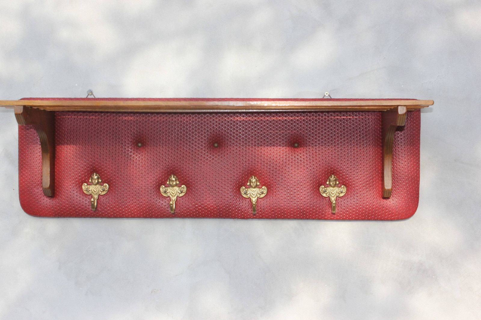 Wall Hanger Panel, Coat And Hats Rack, Wood And Leather, Mid Century Wardrobe Red Teak, Hallway 60s Style photo for sale