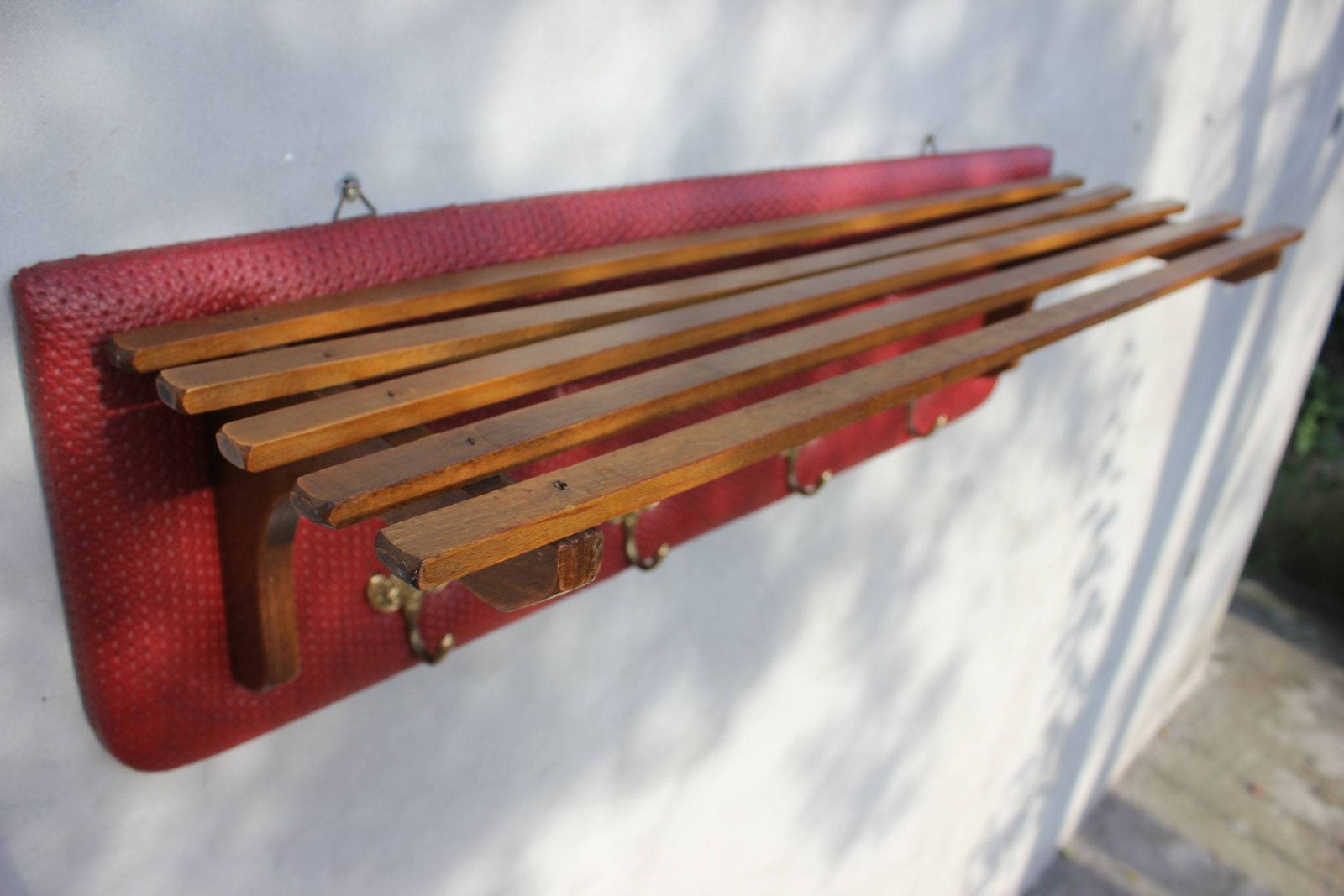 Wall Hanger Panel, Coat And Hats Rack, Wood And Leather, Mid Century Wardrobe Red Teak, Hallway 60s Style photo Furniture
